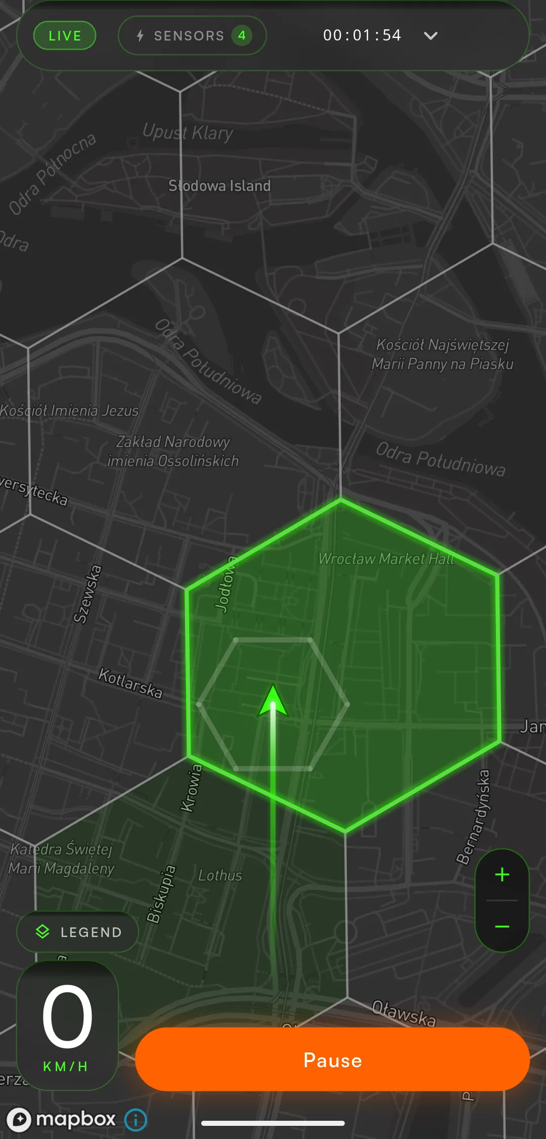 Mapa podboju w trakcie jazdy — heksy zdobywane w czasie rzeczywistym.